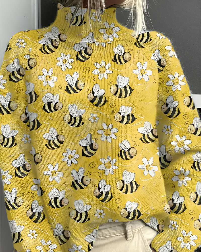 Women's floral roll neck jumper with long sleeves and graphic botanical pattern