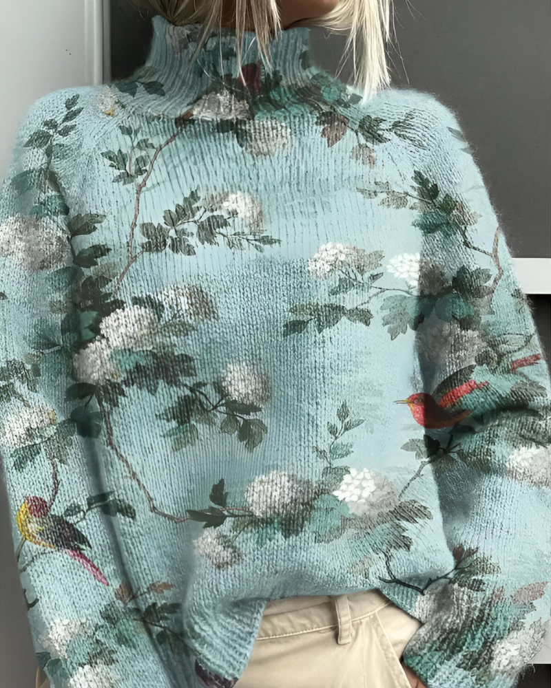 Women's floral roll neck jumper with long sleeves and graphic botanical pattern