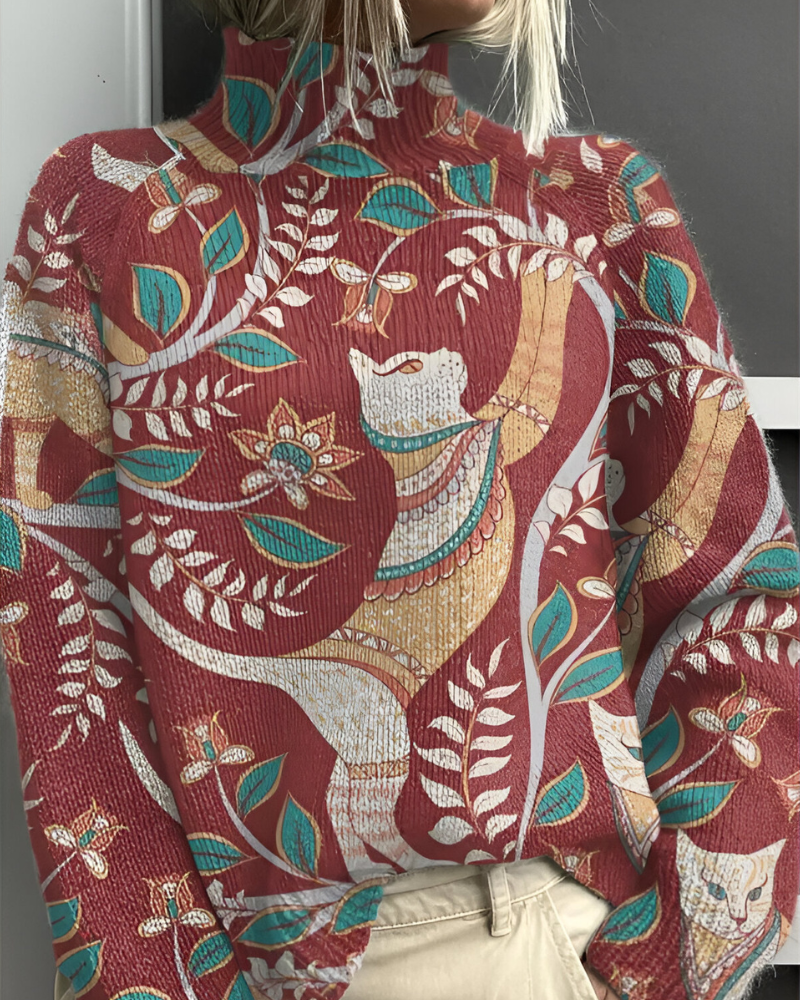 Women's floral roll neck jumper with long sleeves and graphic botanical pattern