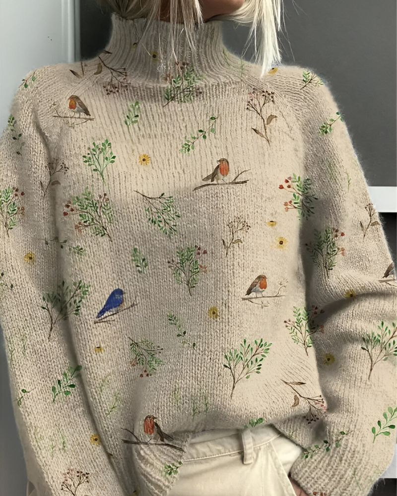 Women's floral roll neck jumper with long sleeves and graphic botanical pattern