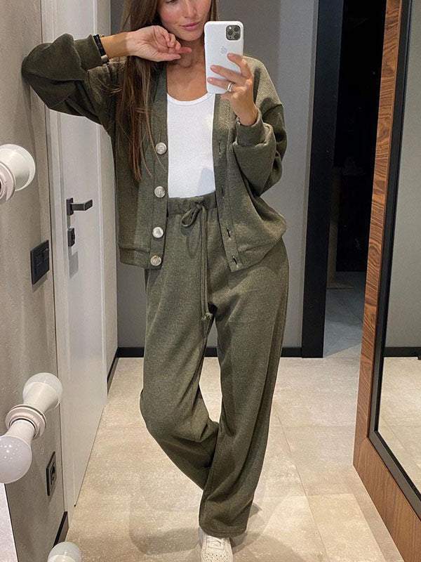 Women's knitted button-front cardigan and matching drawstring trousers set