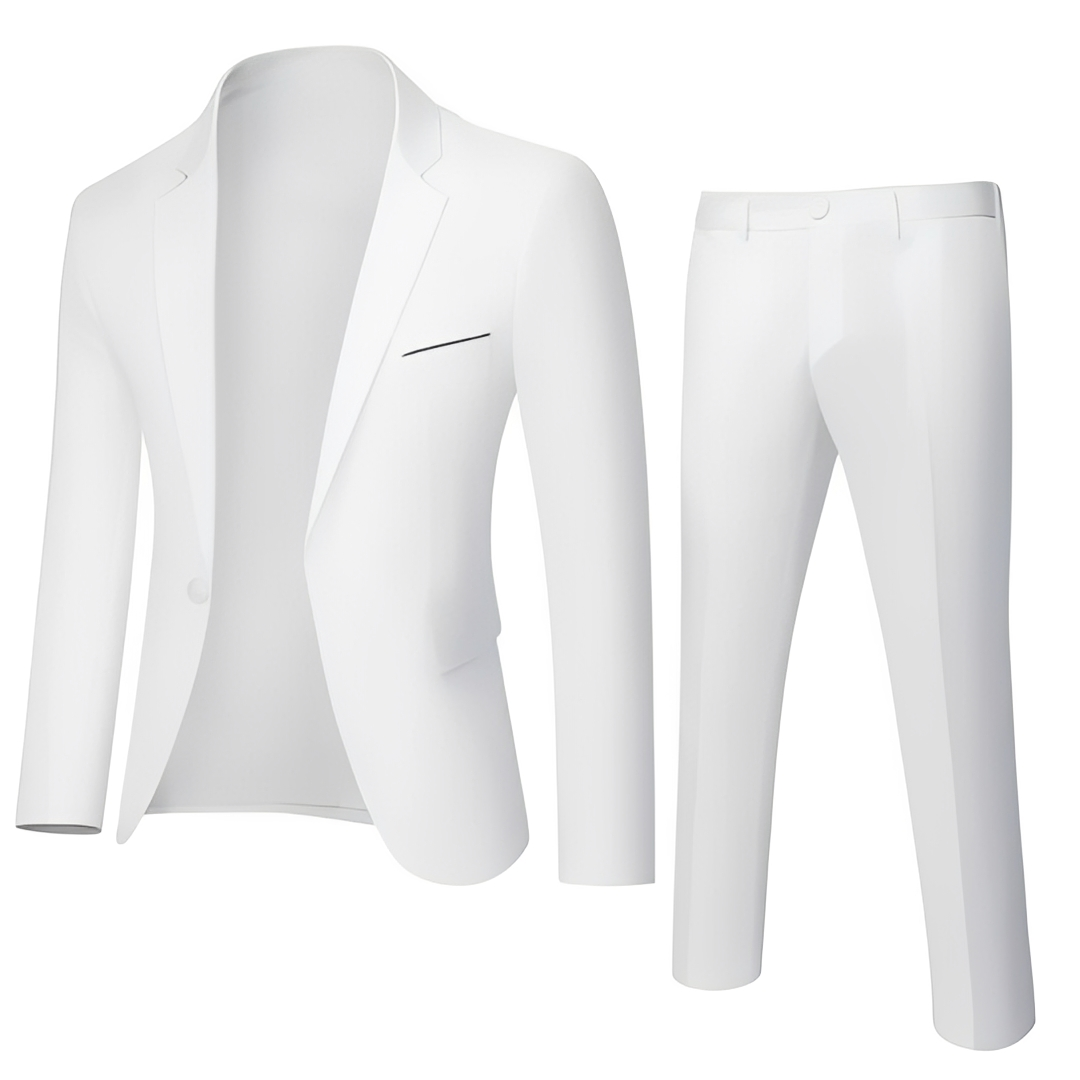 Men's two-piece suit with notch-lapel blazer, tie and matching trousers