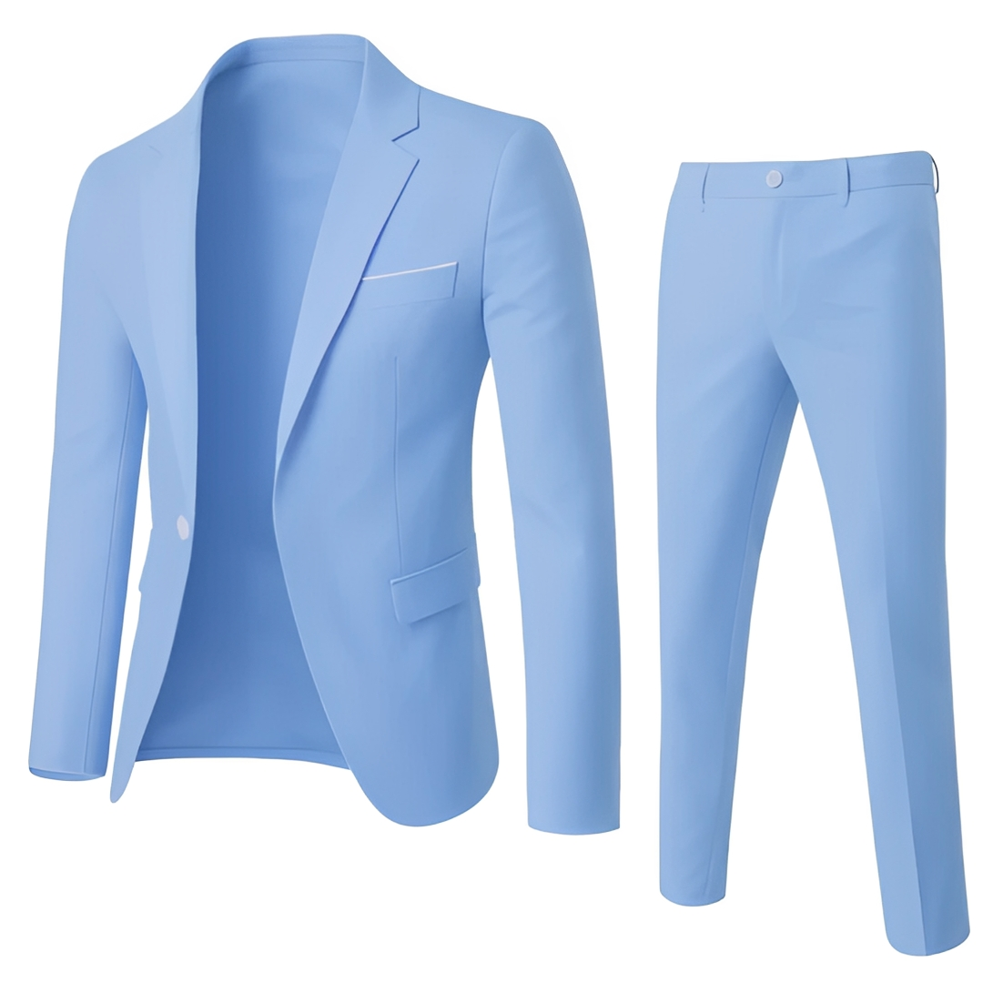 Men's two-piece suit with notch-lapel blazer, tie and matching trousers