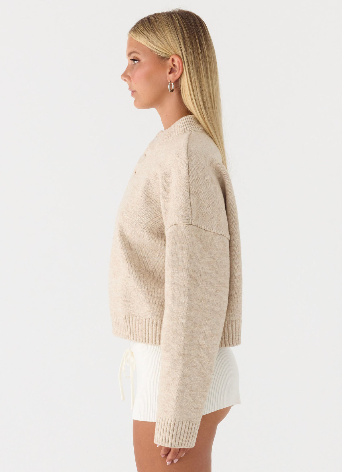 Women's oatmeal button-up mock neck jumper with long sleeves and ribbed trims