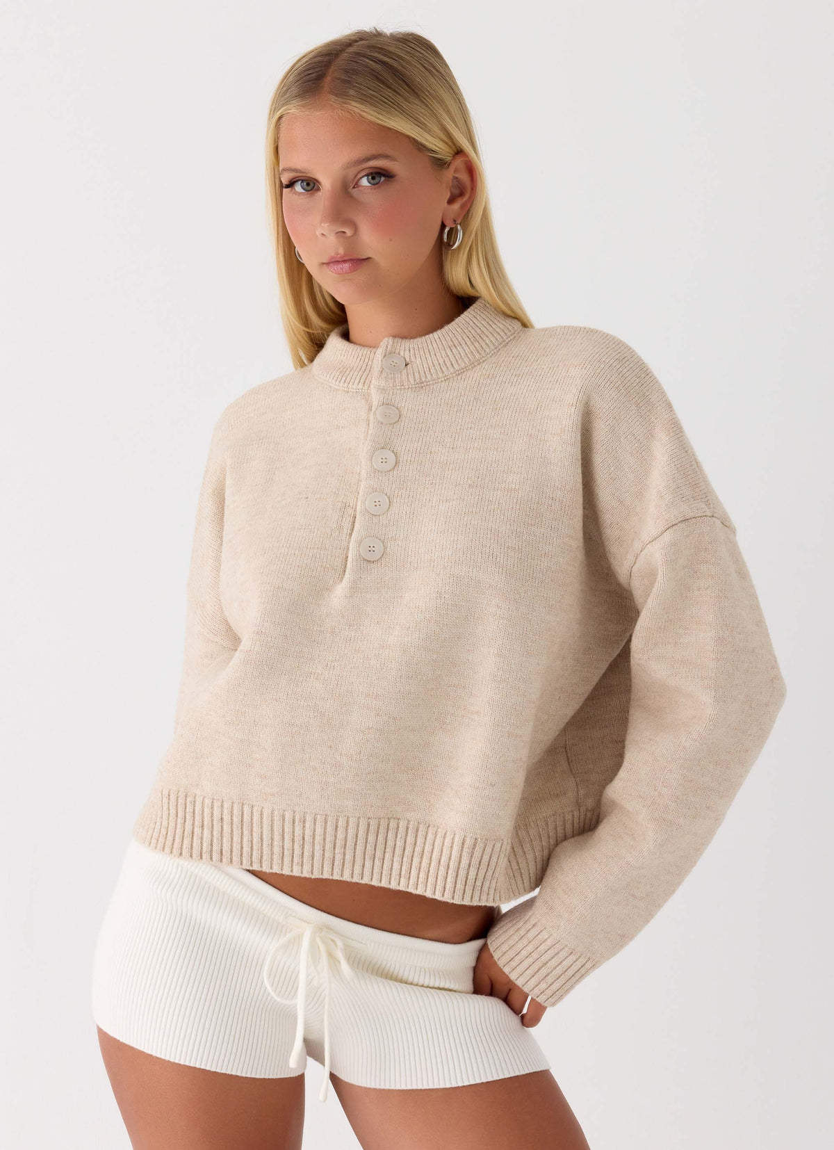 Women's oatmeal button-up mock neck jumper with long sleeves and ribbed trims