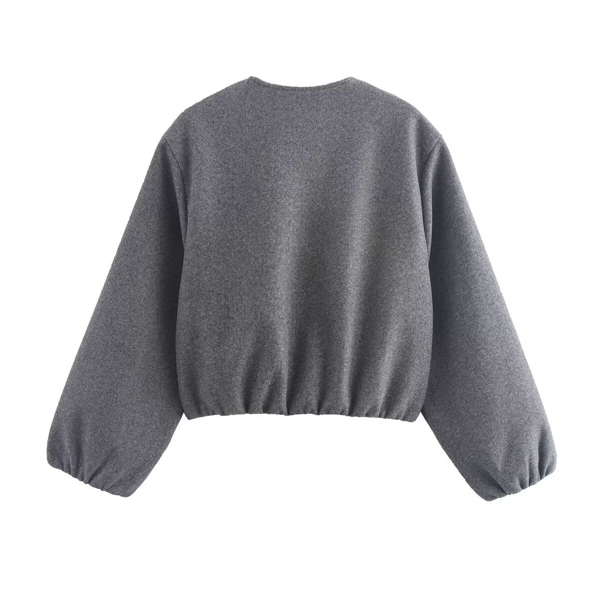 Women's Cropped Bomber Jacket Collarless Balloon Sleeve - Dark Grey