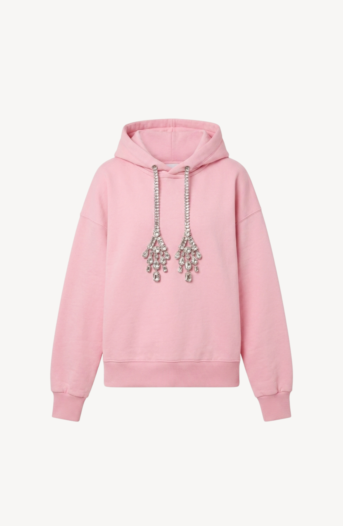Pink women's hoodie with crystal drawstrings, hood and long sleeves