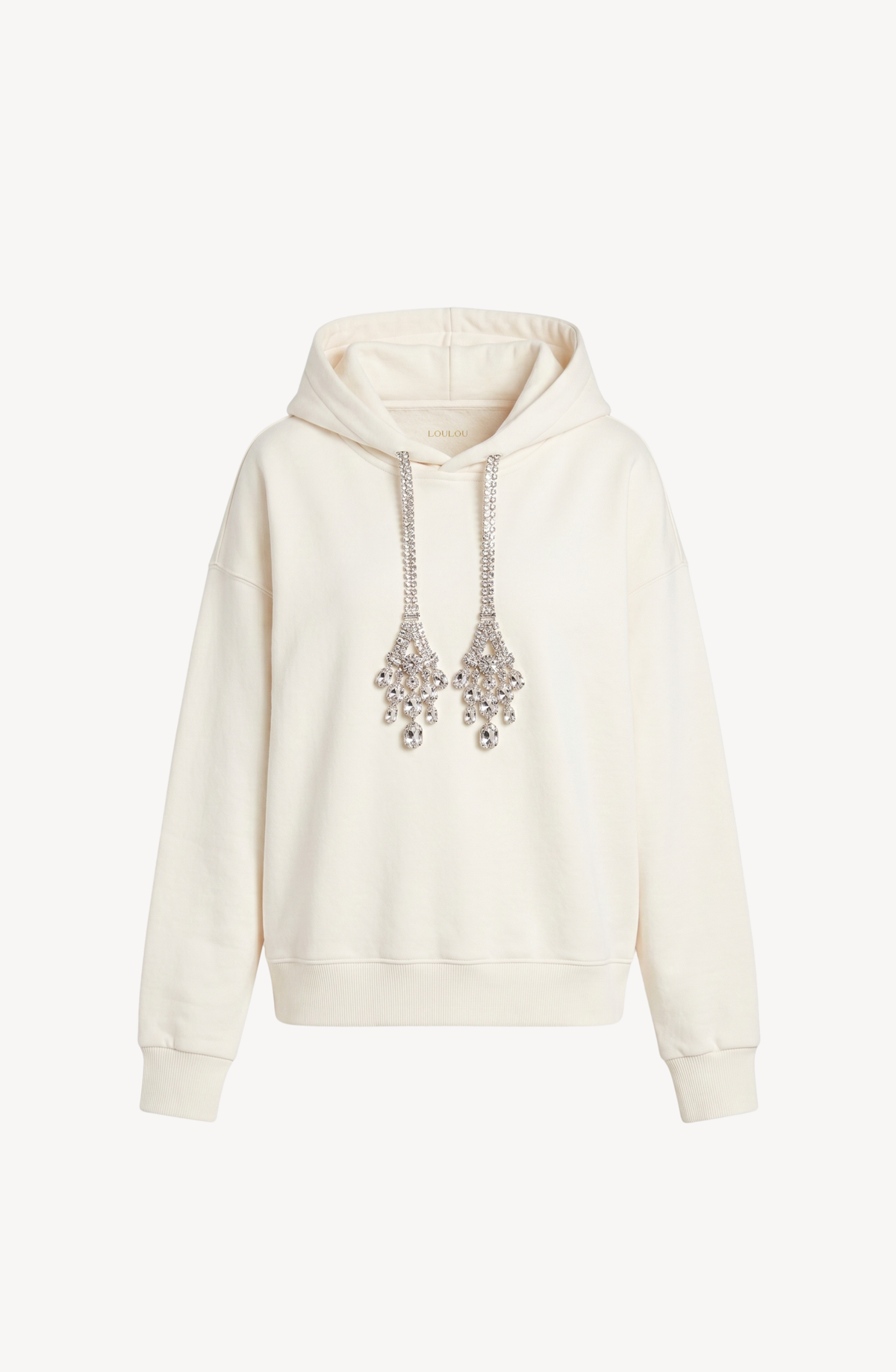 Women's cream hoodie with crystal-embellished drawstrings and long sleeves