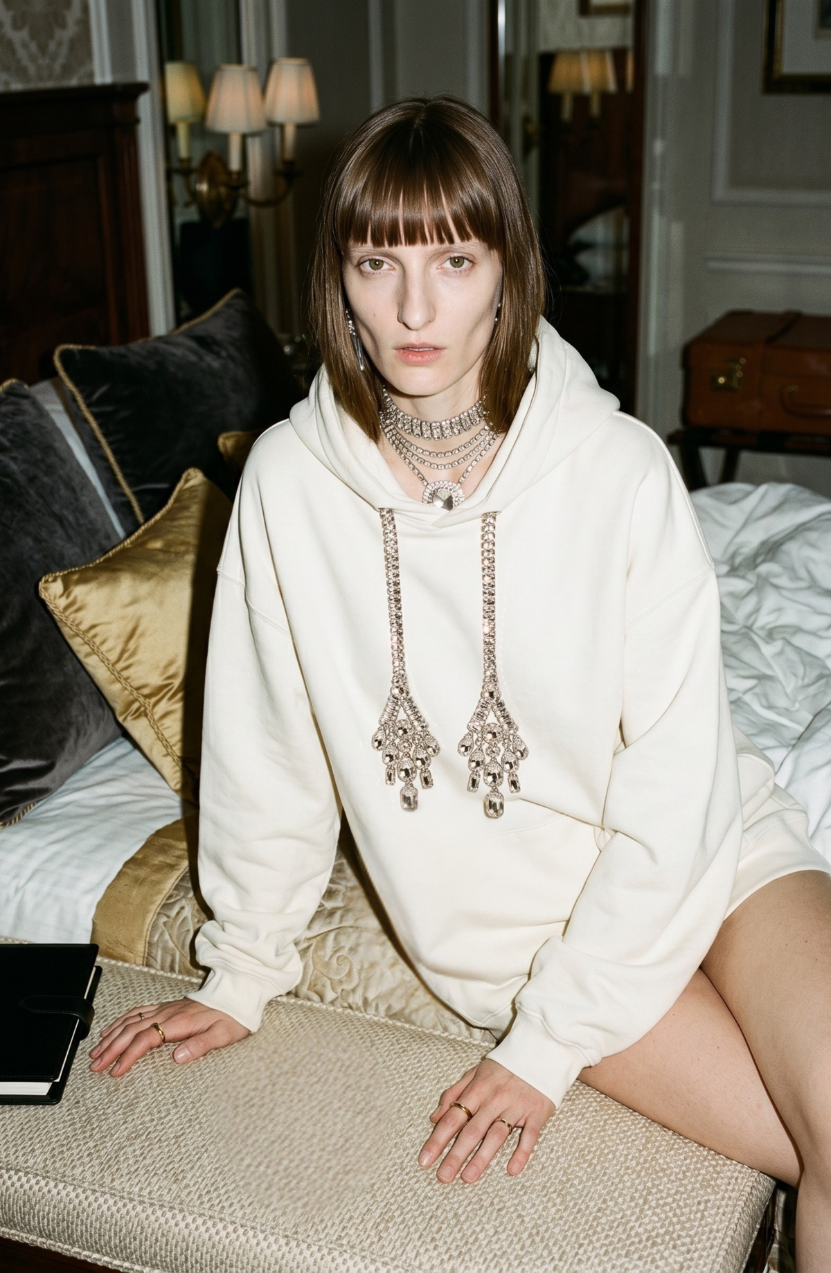 Women's cream hoodie with crystal-embellished drawstrings and long sleeves