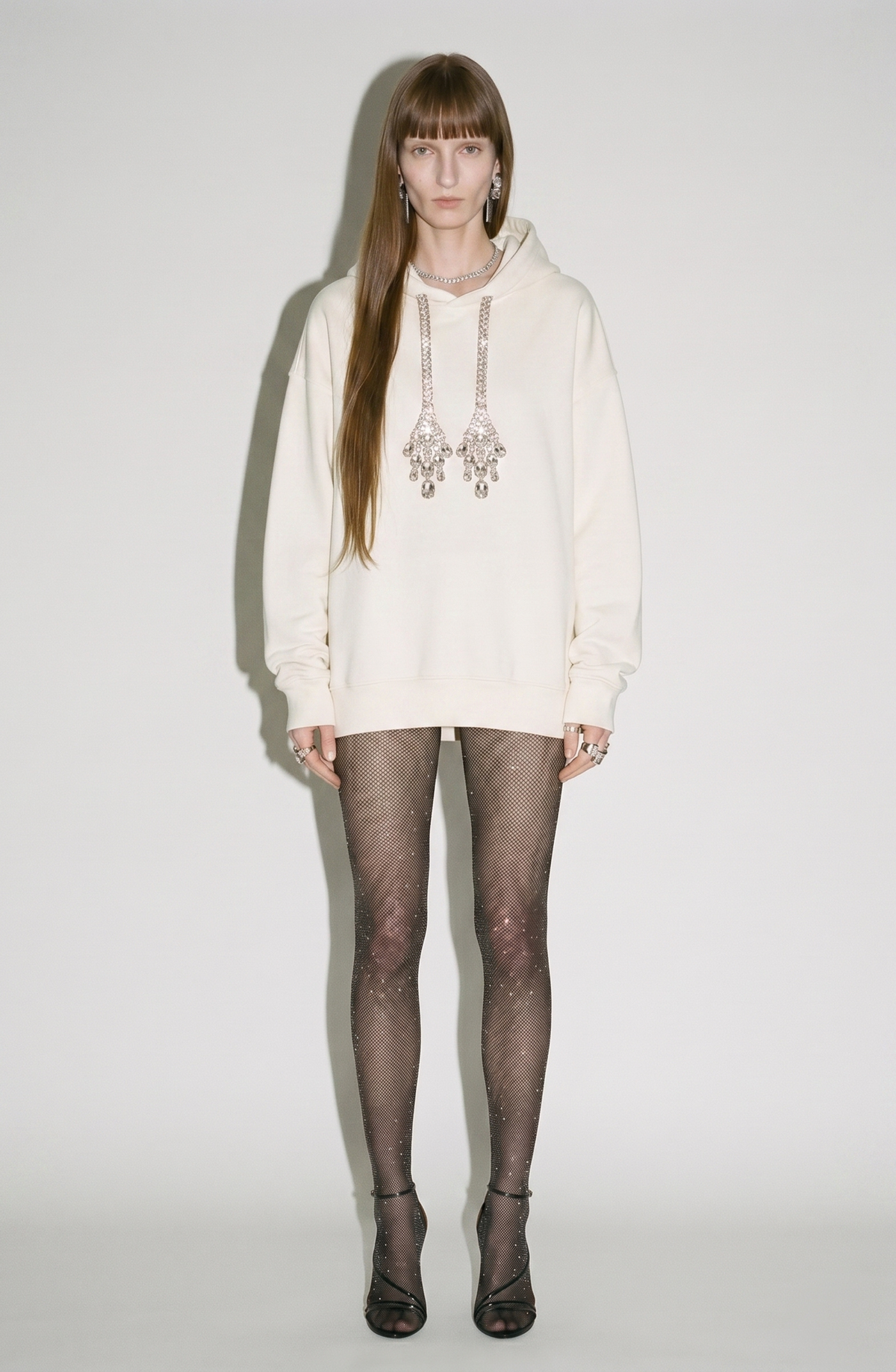 Women's cream hoodie with crystal-embellished drawstrings and long sleeves