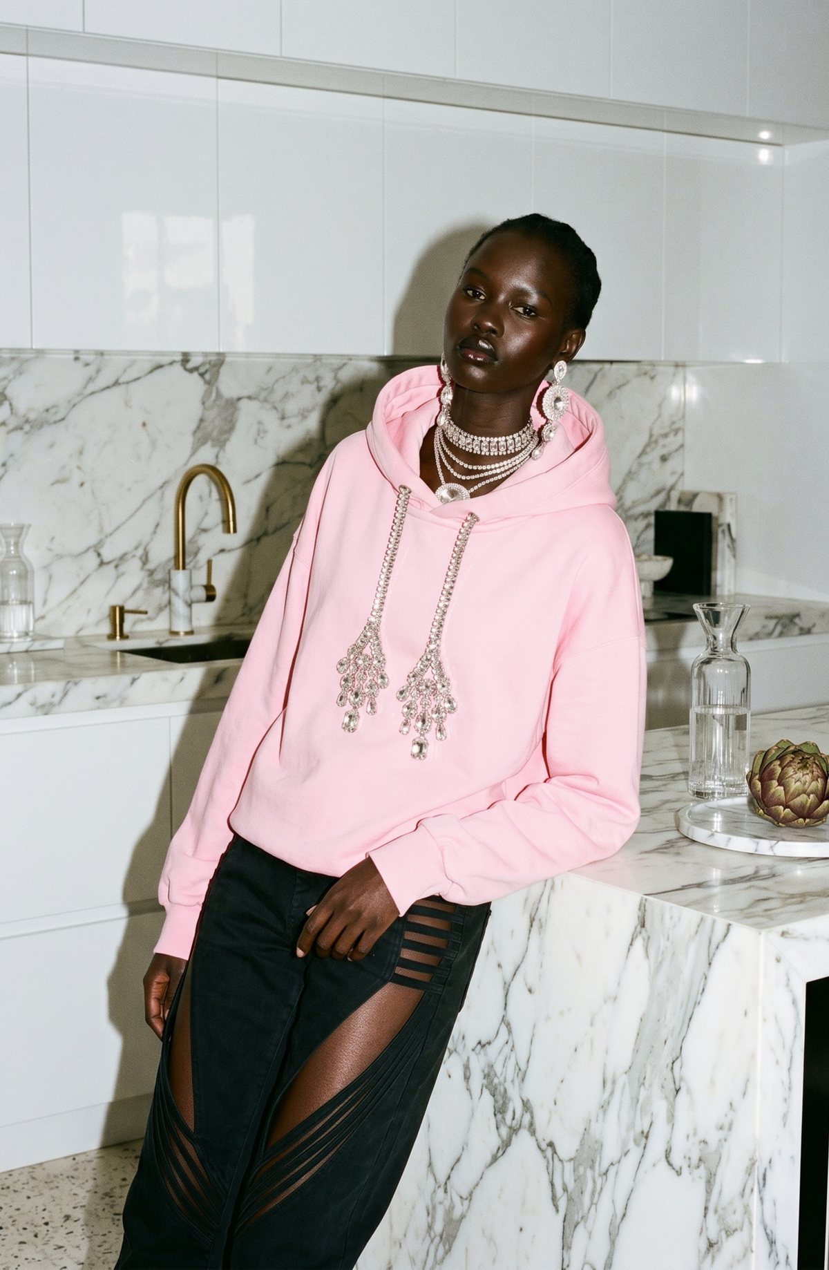 Pink women's hoodie with crystal drawstrings, hood and long sleeves