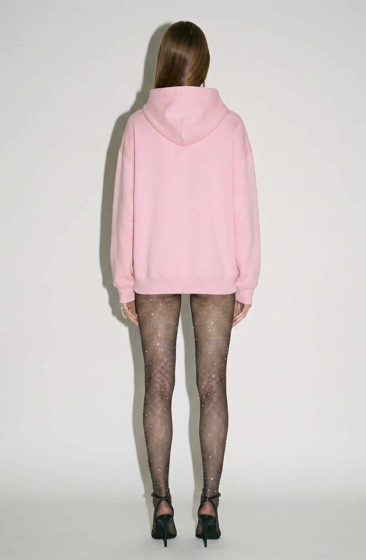 Pink women's hoodie with crystal drawstrings, hood and long sleeves
