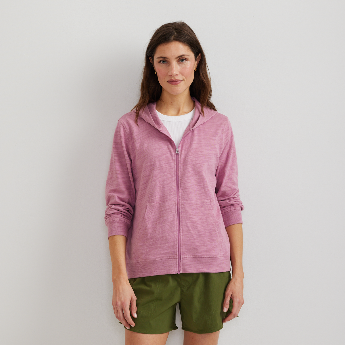 Women's hooded full-zip slub sweatshirt with long sleeves and front pockets