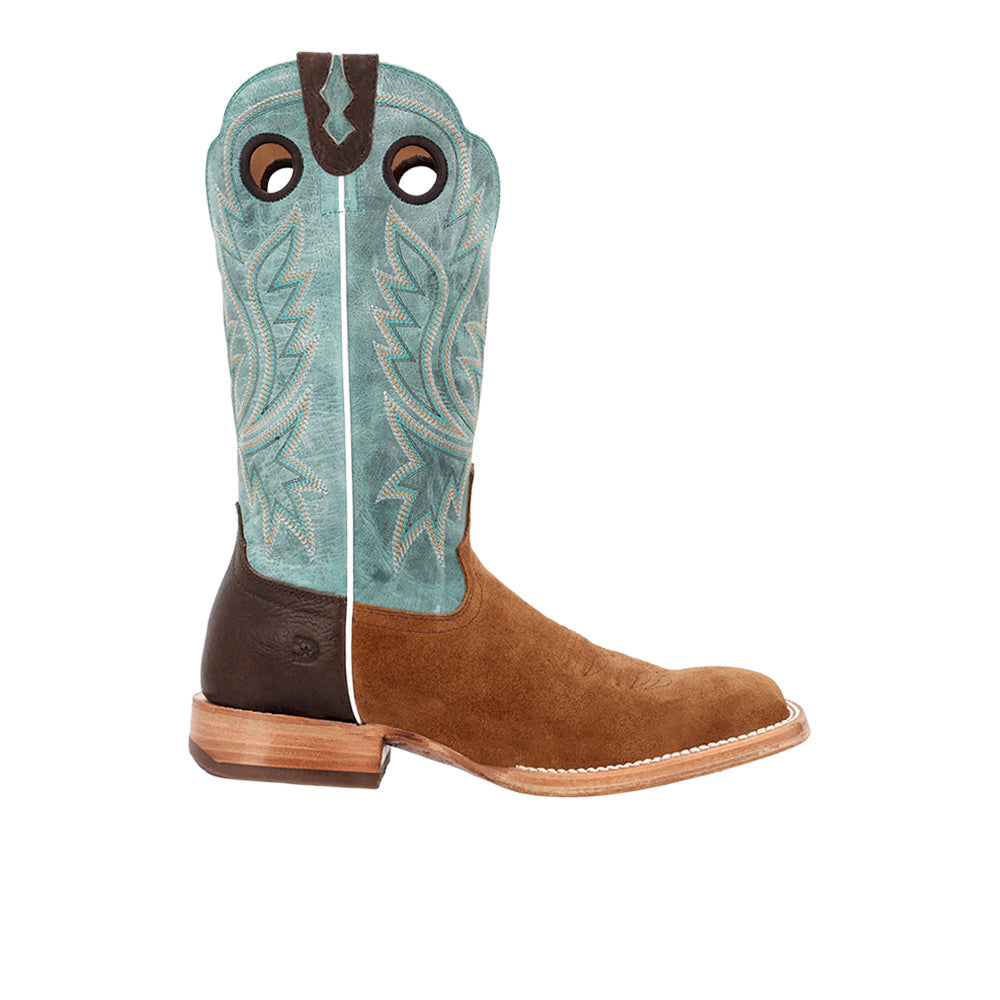 Men's brown and blue embroidered square toe cowboy boots