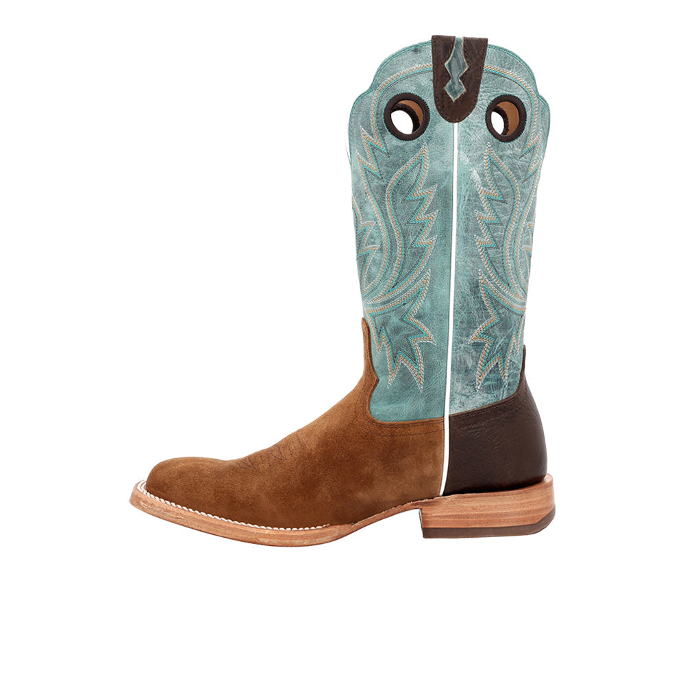 Men's brown and blue embroidered square toe cowboy boots