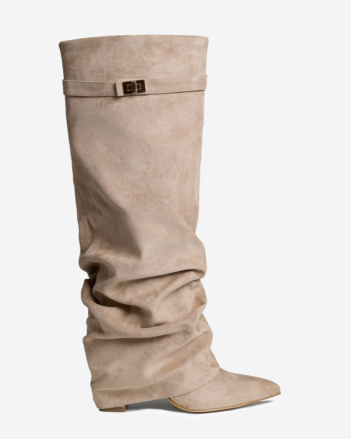 Women's beige slouchy knee-high boots with pointed toes, low heels and buckle strap detail
