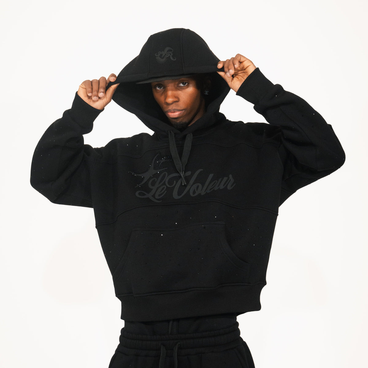 Unisex pullover hoodie with hood, front pouch pocket and script graphic
