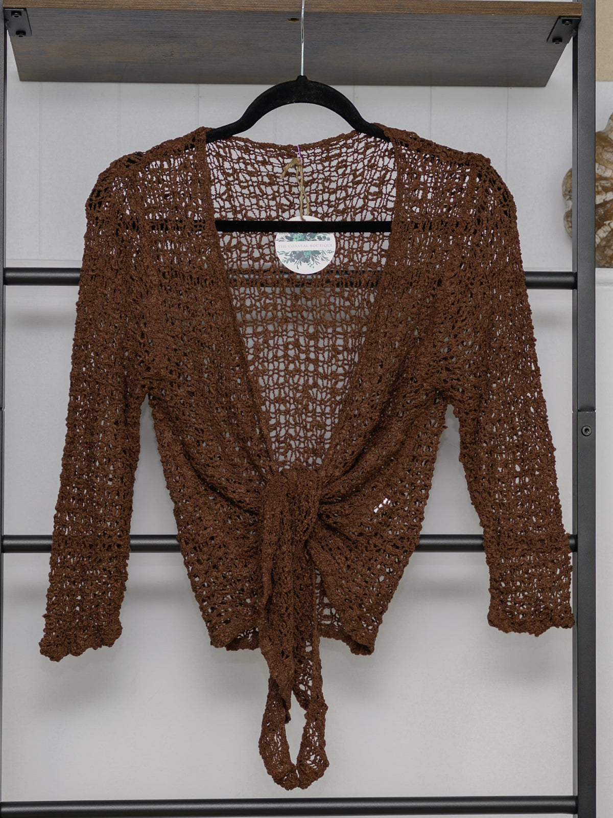 Women's open knit tie front cardigan with three quarter sleeves