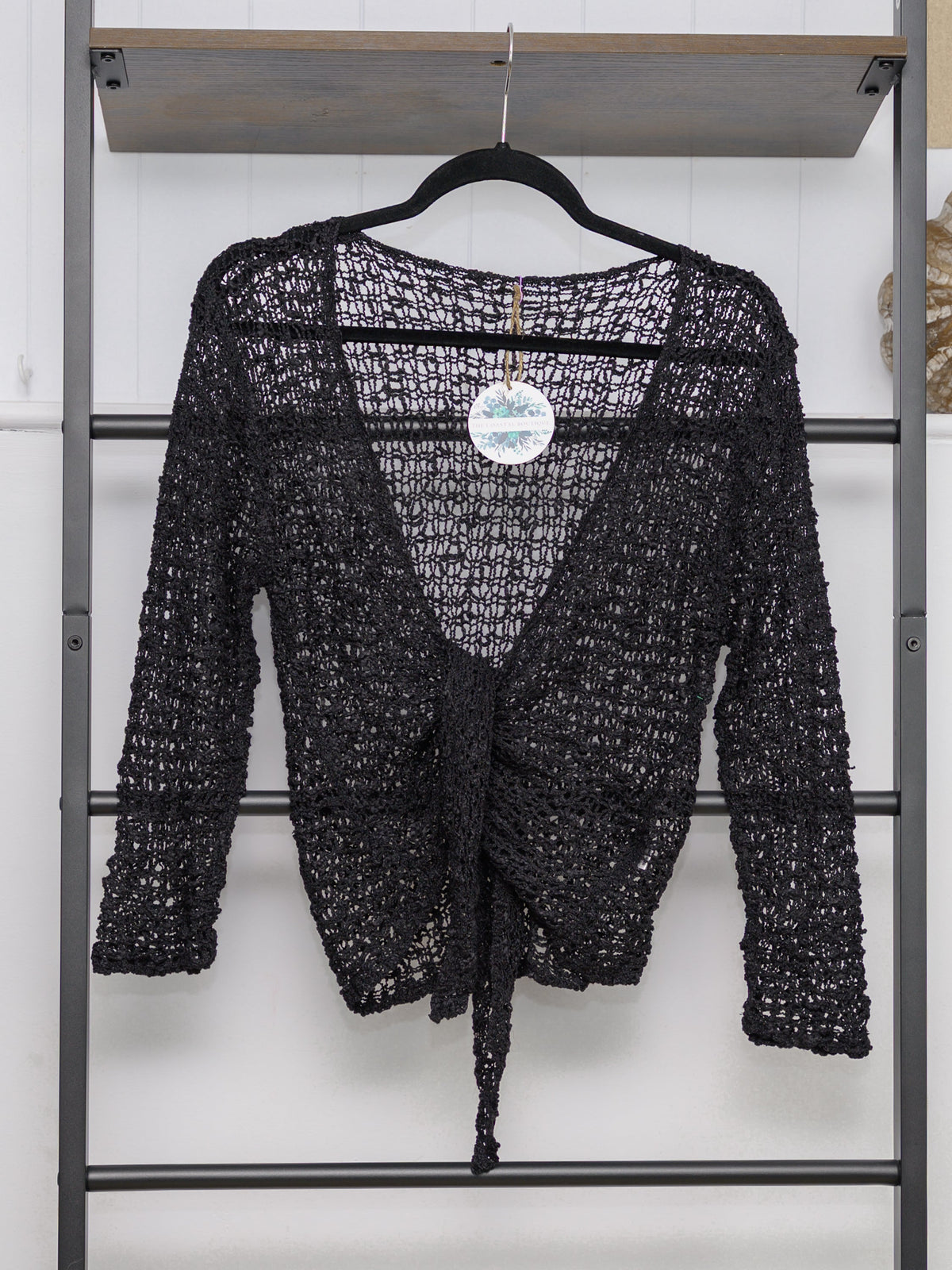 Women's open knit tie front cardigan with three quarter sleeves