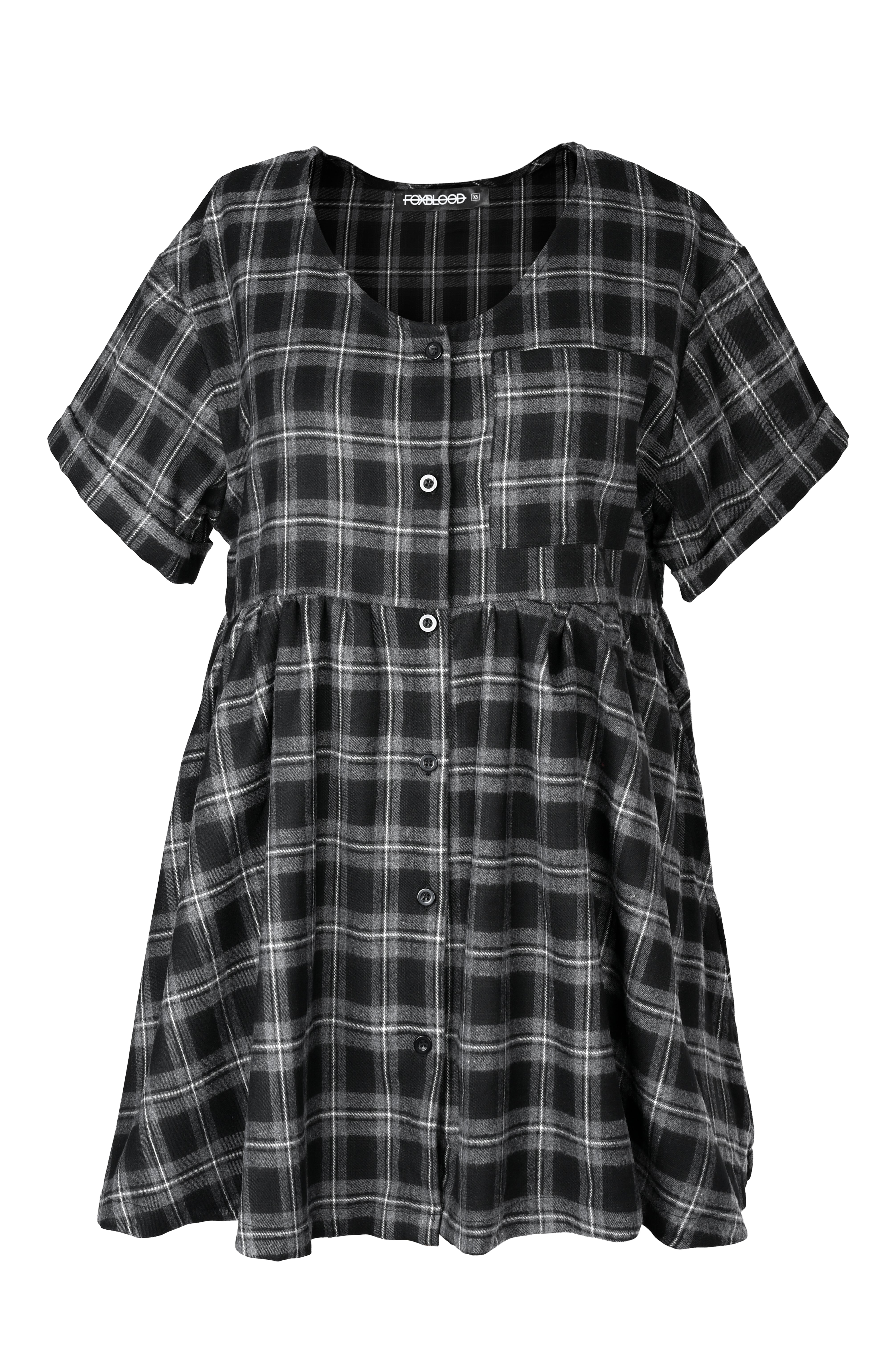 Women's black and grey checked babydoll mini dress with short sleeves and side pockets