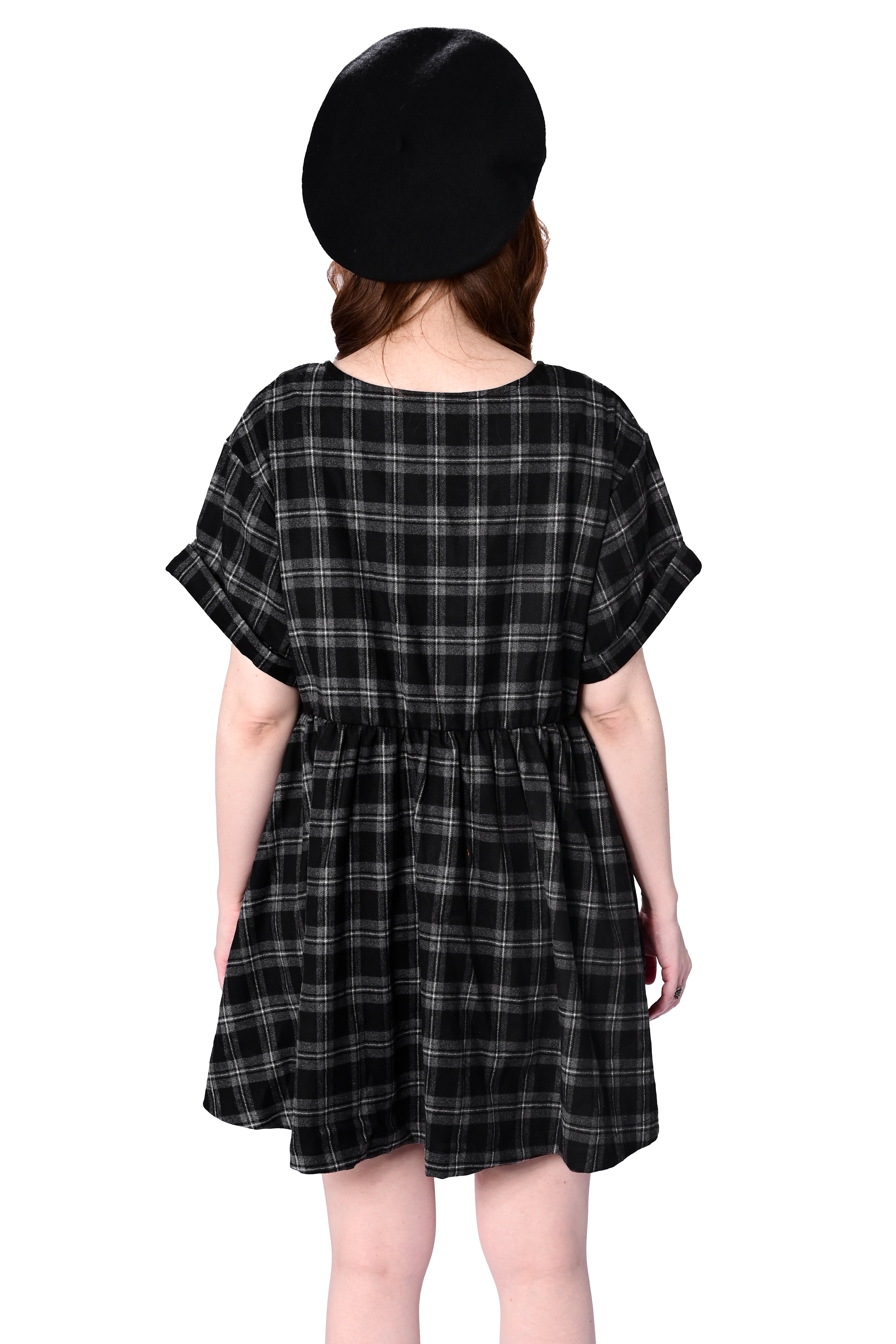 Women's black and grey checked babydoll mini dress with short sleeves and side pockets