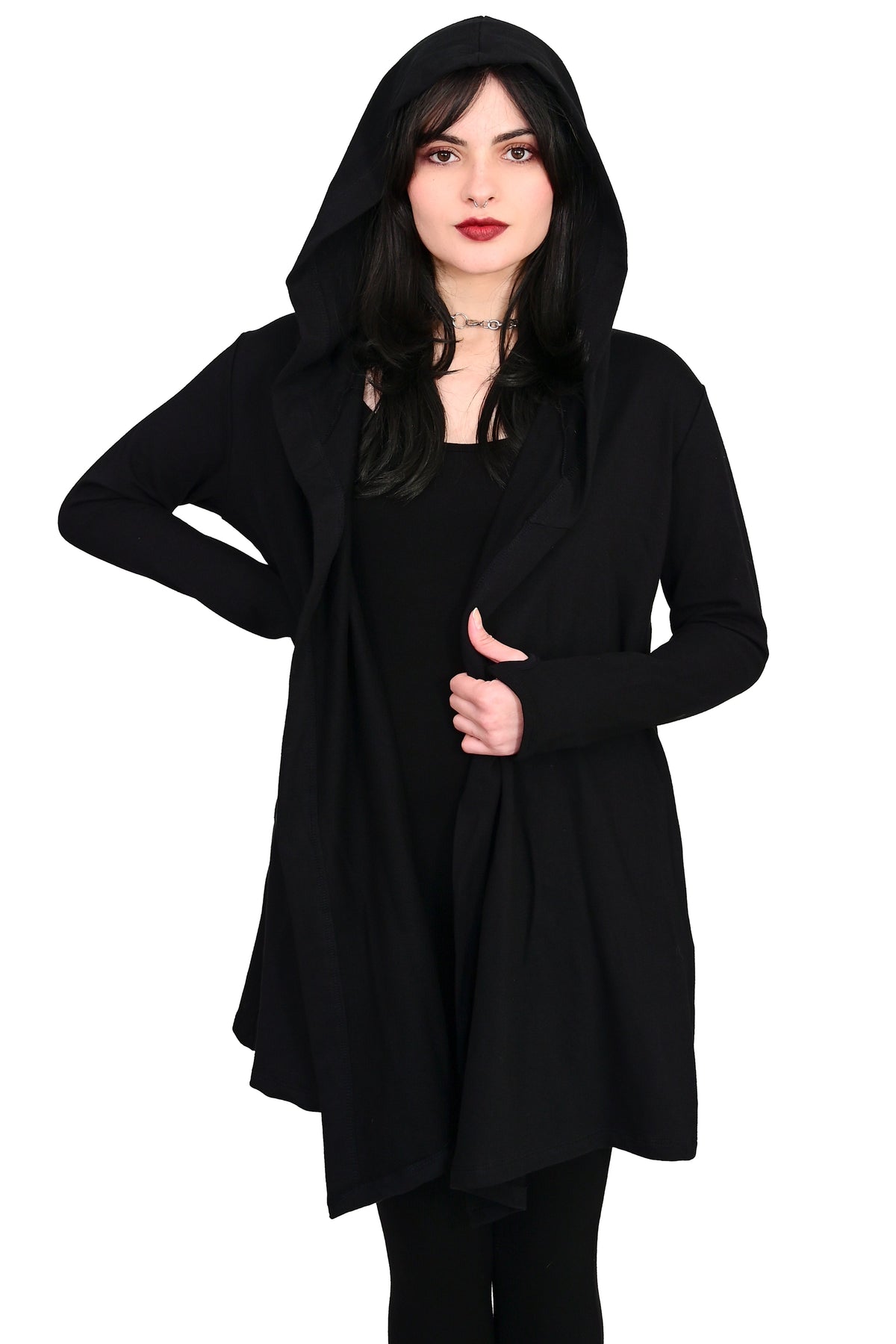 Women's black long sleeve hooded cardigan with an open front and long draped shape