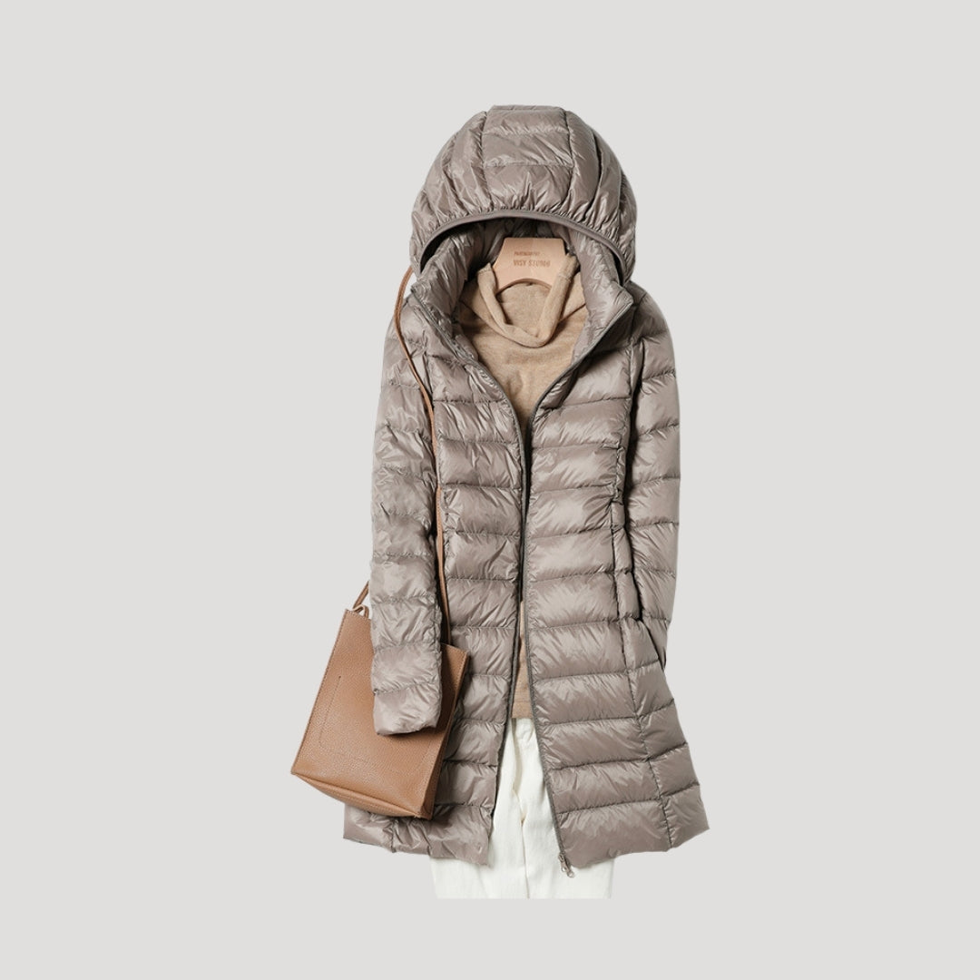 Women's long hooded quilted puffer coat with full zip and lower front pockets