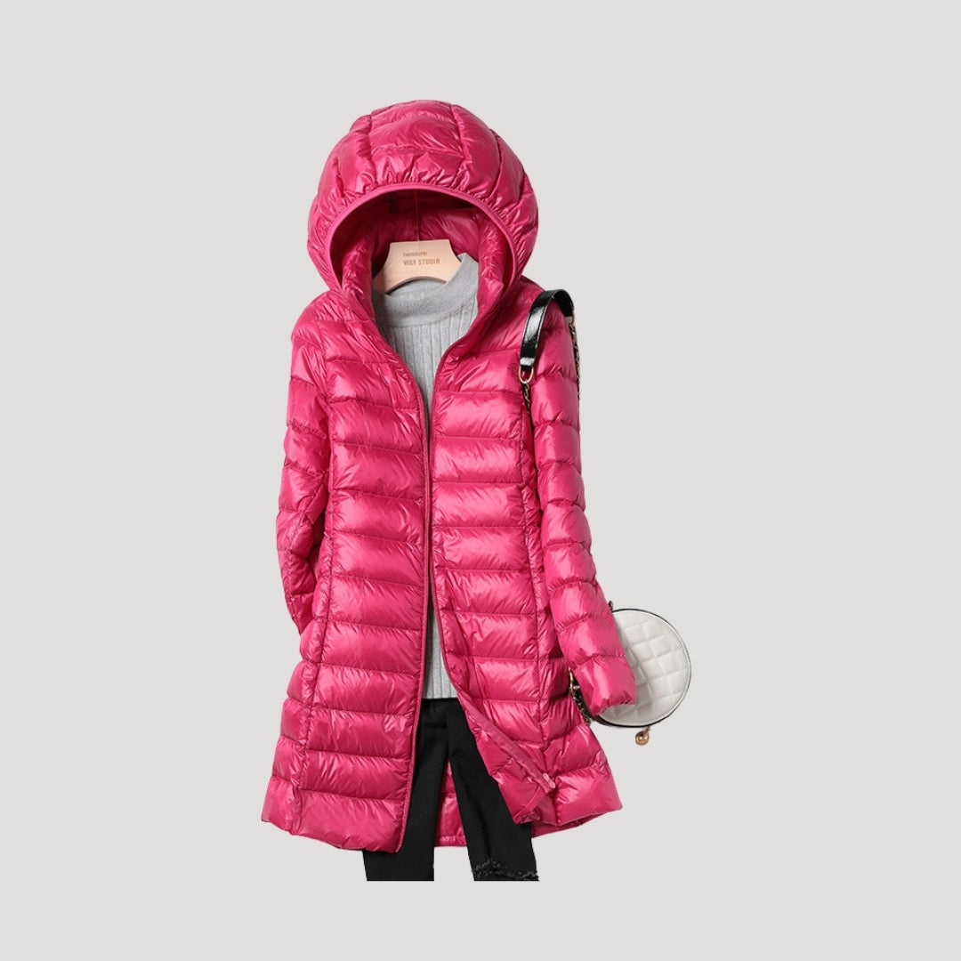 Women's long hooded quilted puffer coat with full zip and lower front pockets