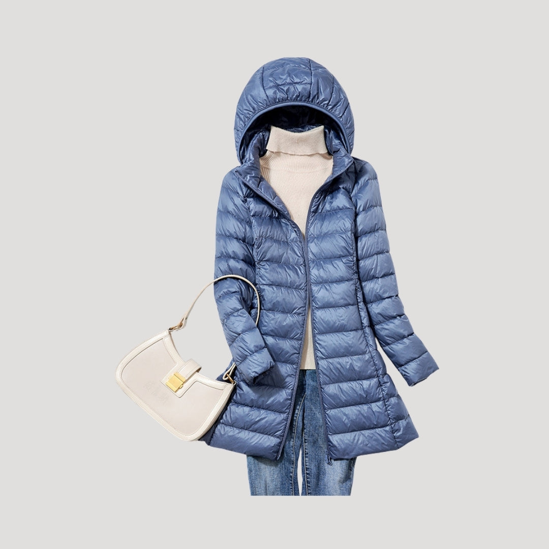 Women's long hooded quilted puffer coat with full zip and lower front pockets