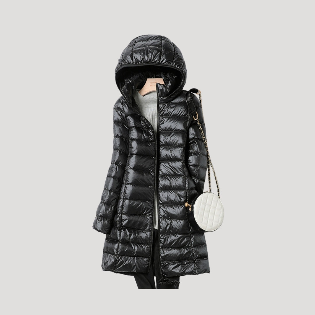 Women's long hooded quilted puffer coat with full zip and lower front pockets