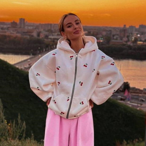 Women's hooded zip-up sweatshirt with cherry print and front pockets