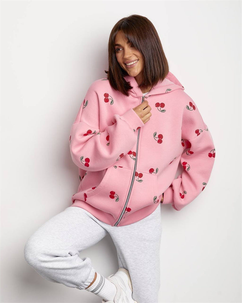 Women's hooded zip-up sweatshirt with cherry print and front pockets