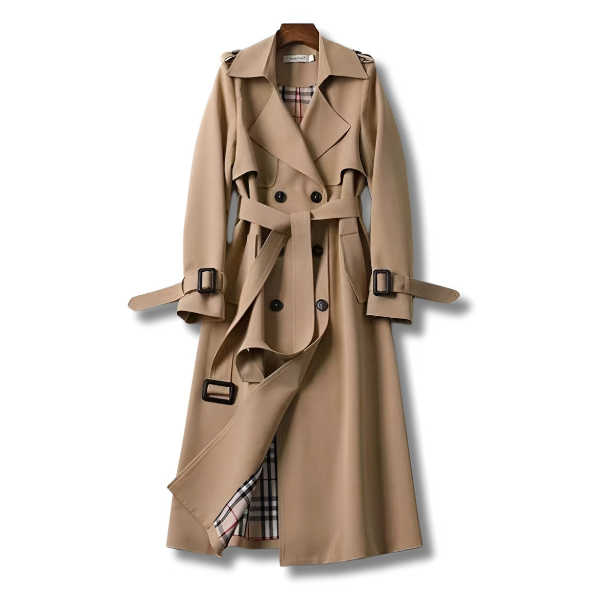 Women's long belted trench coat with notched collar, cuff straps and checked lining