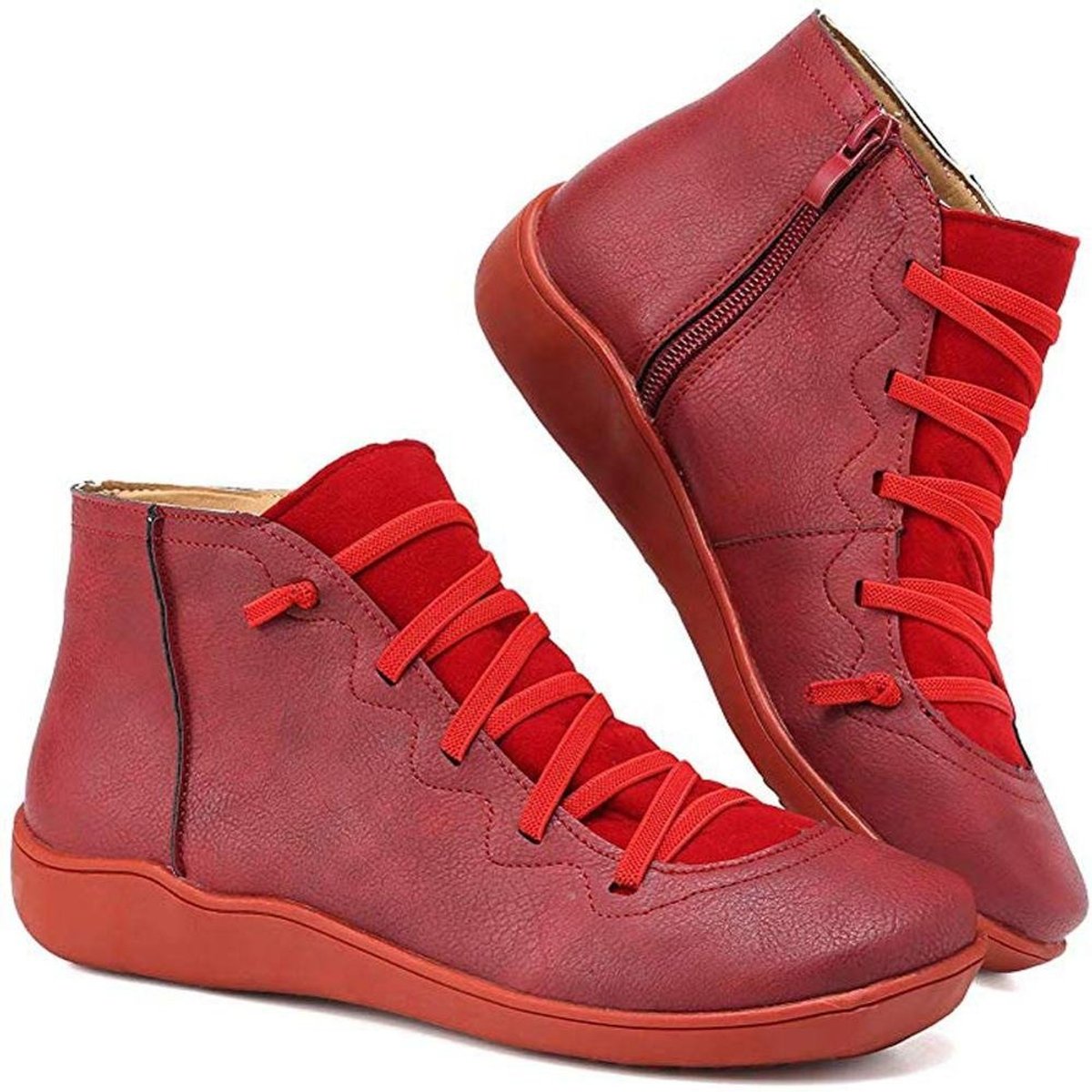 Women's plain lace-up ankle boots with side zips and flat soles
