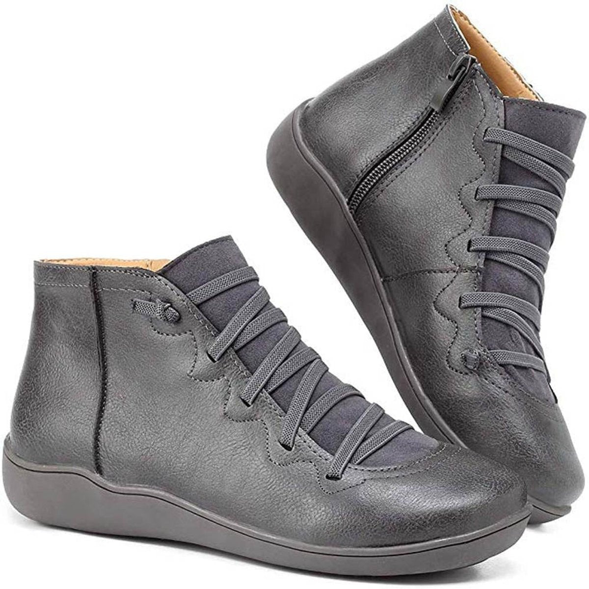 Women's plain lace-up ankle boots with side zips and flat soles