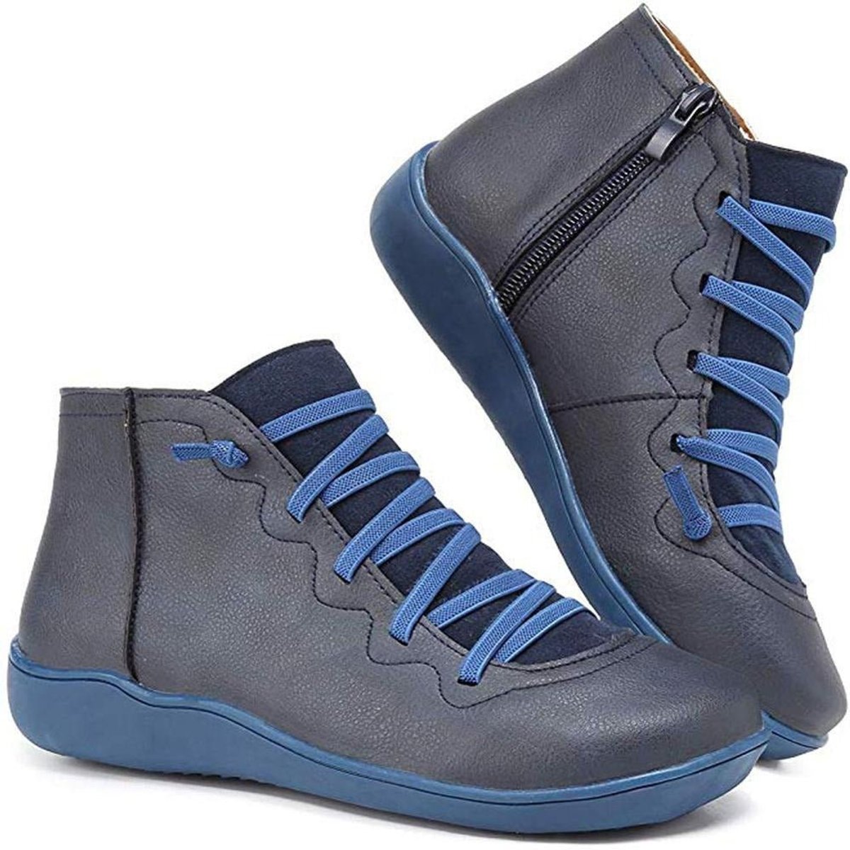 Women's plain lace-up ankle boots with side zips and flat soles