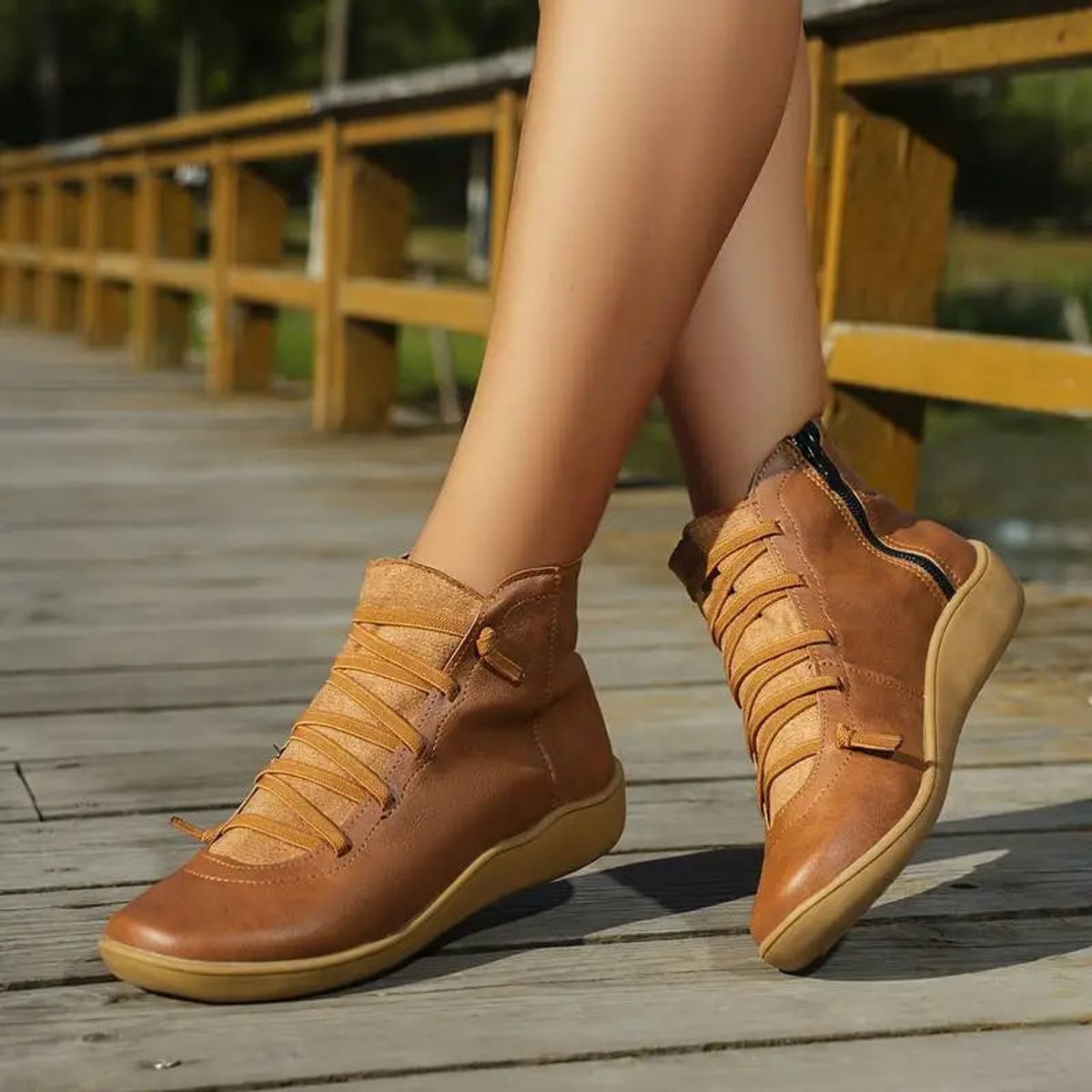 Women's plain lace-up ankle boots with side zips and flat soles