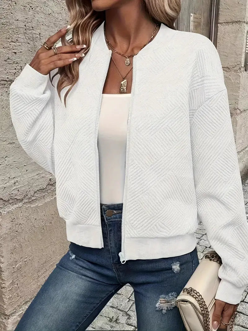 Women's textured zip jacket with mock collar and long sleeves
