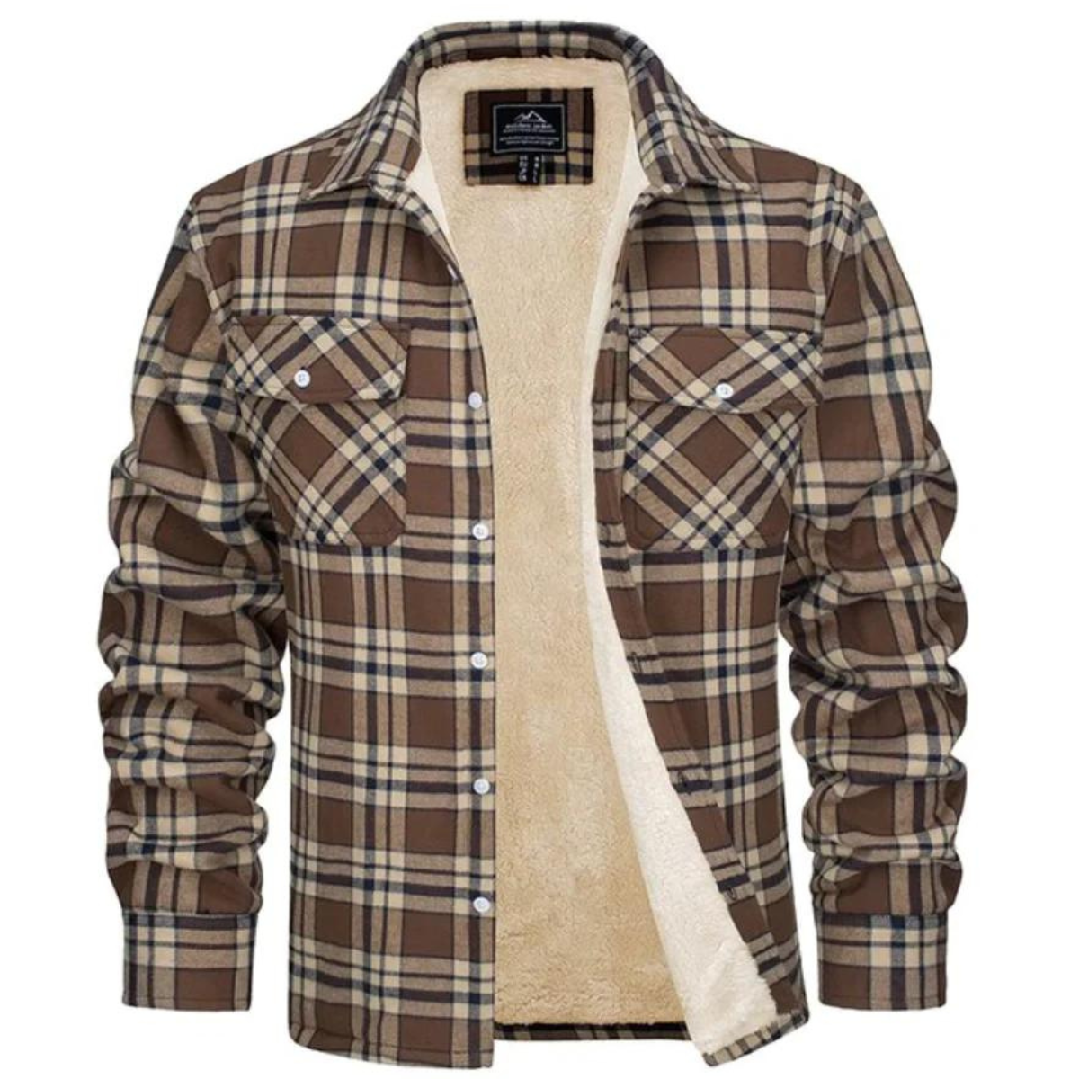 Men's checked button-front overshirt jacket with long sleeves, chest pockets and visible fleece lining