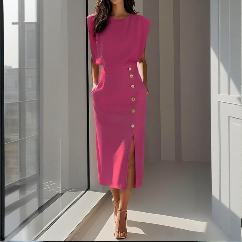 Women's Midi Dress Sleeveless Structured Shoulder Button Split - Pink