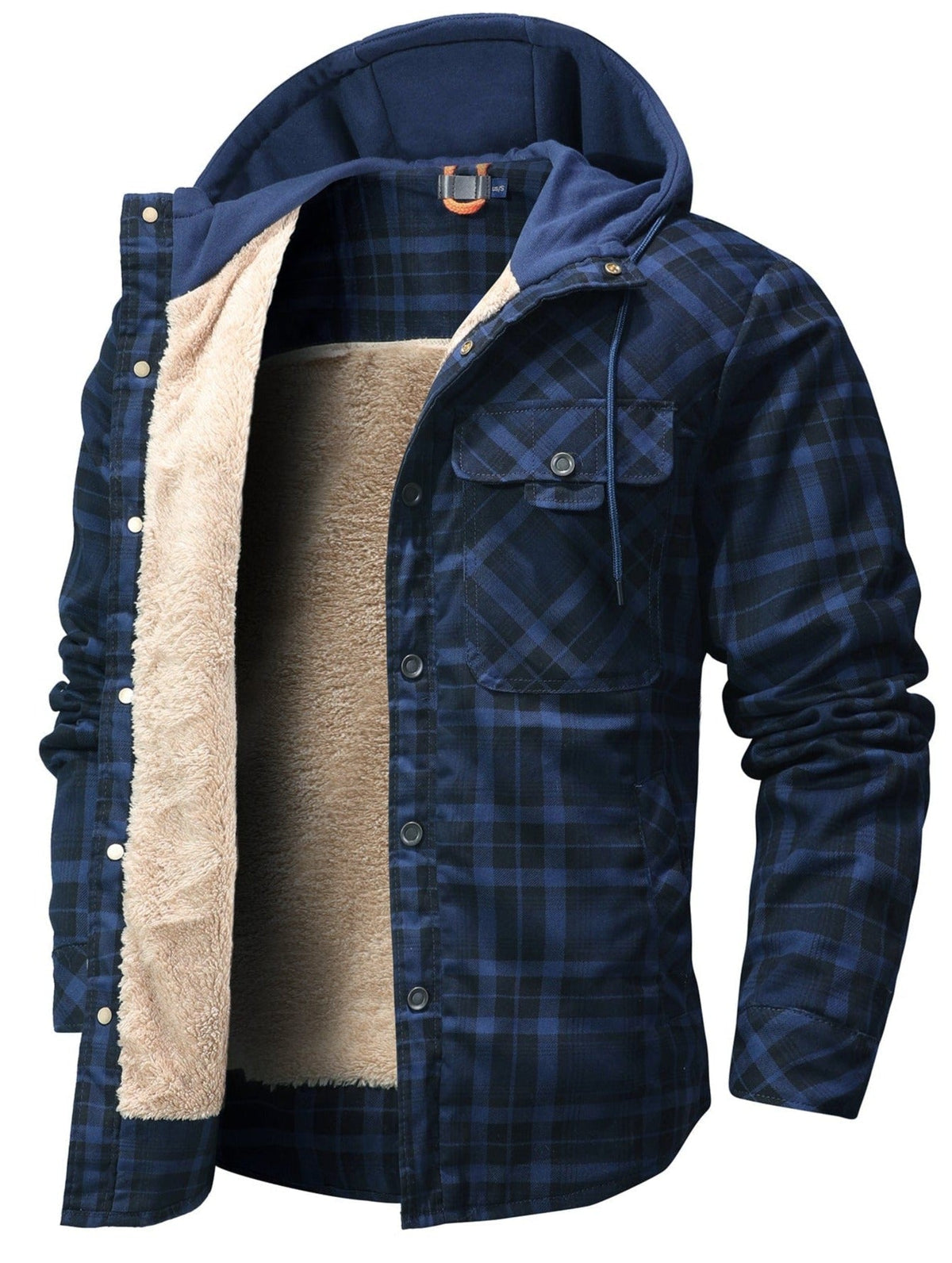 Men's checked hooded jacket with button front, chest pockets and contrasting lining