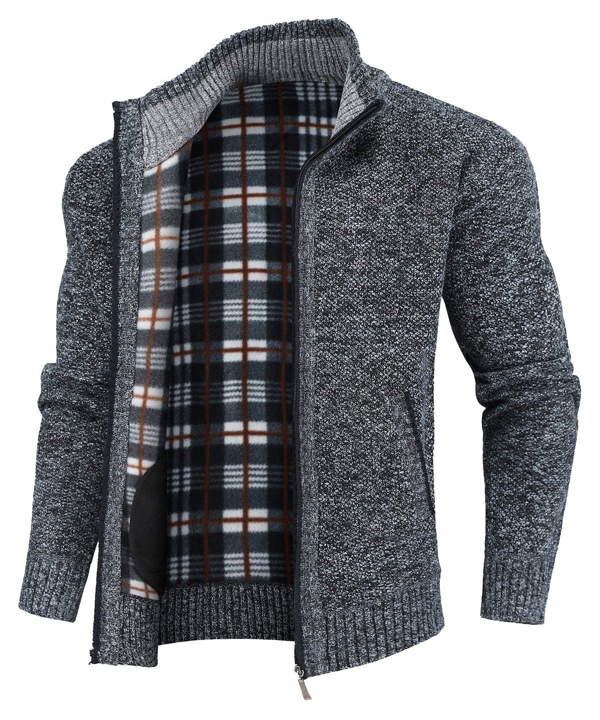 Men's textured knitted sweater jacket with mock neck, front zip and welt pockets