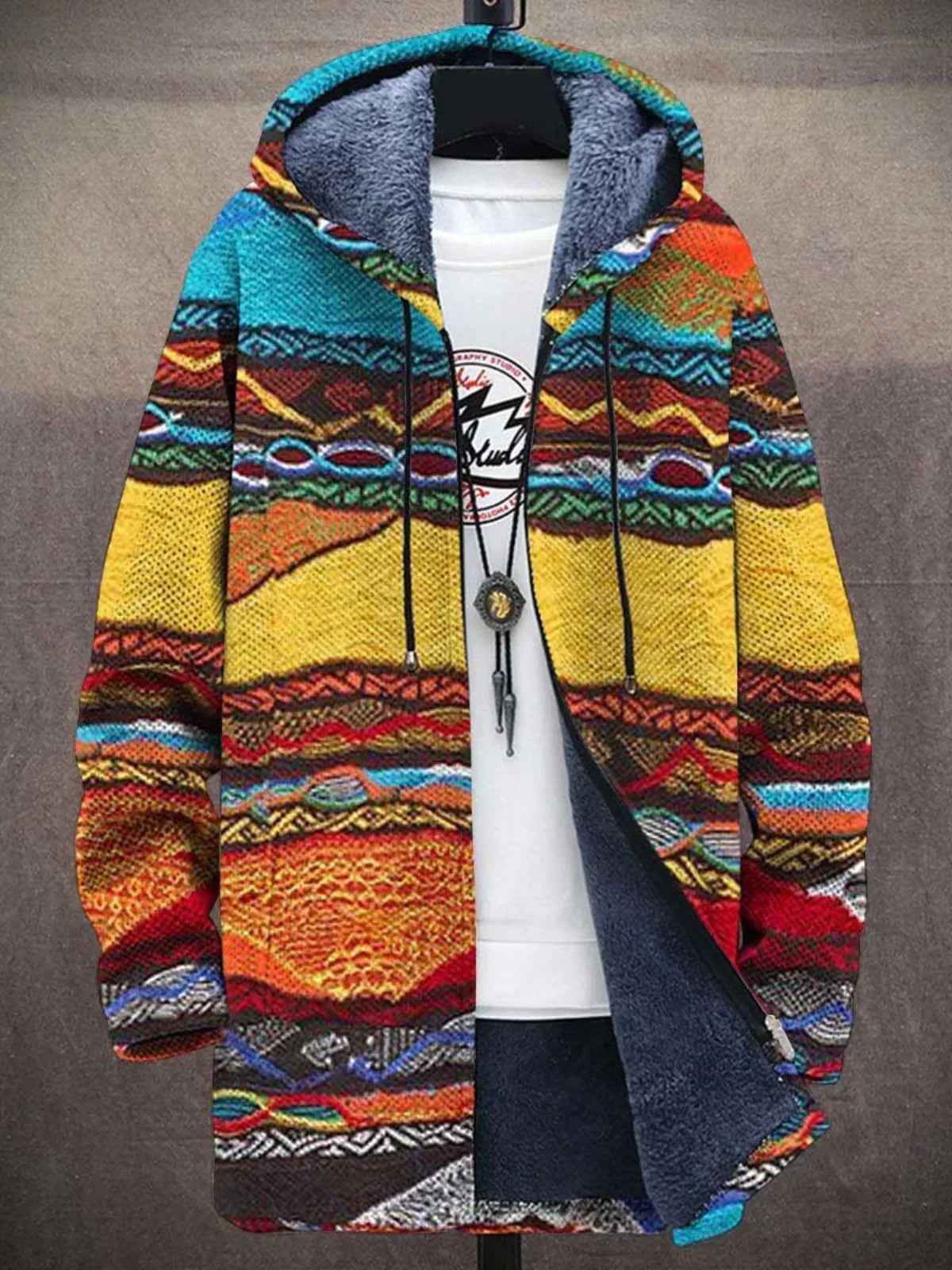 Women's hooded zip jacket with colourful abstract printed design and long sleeves