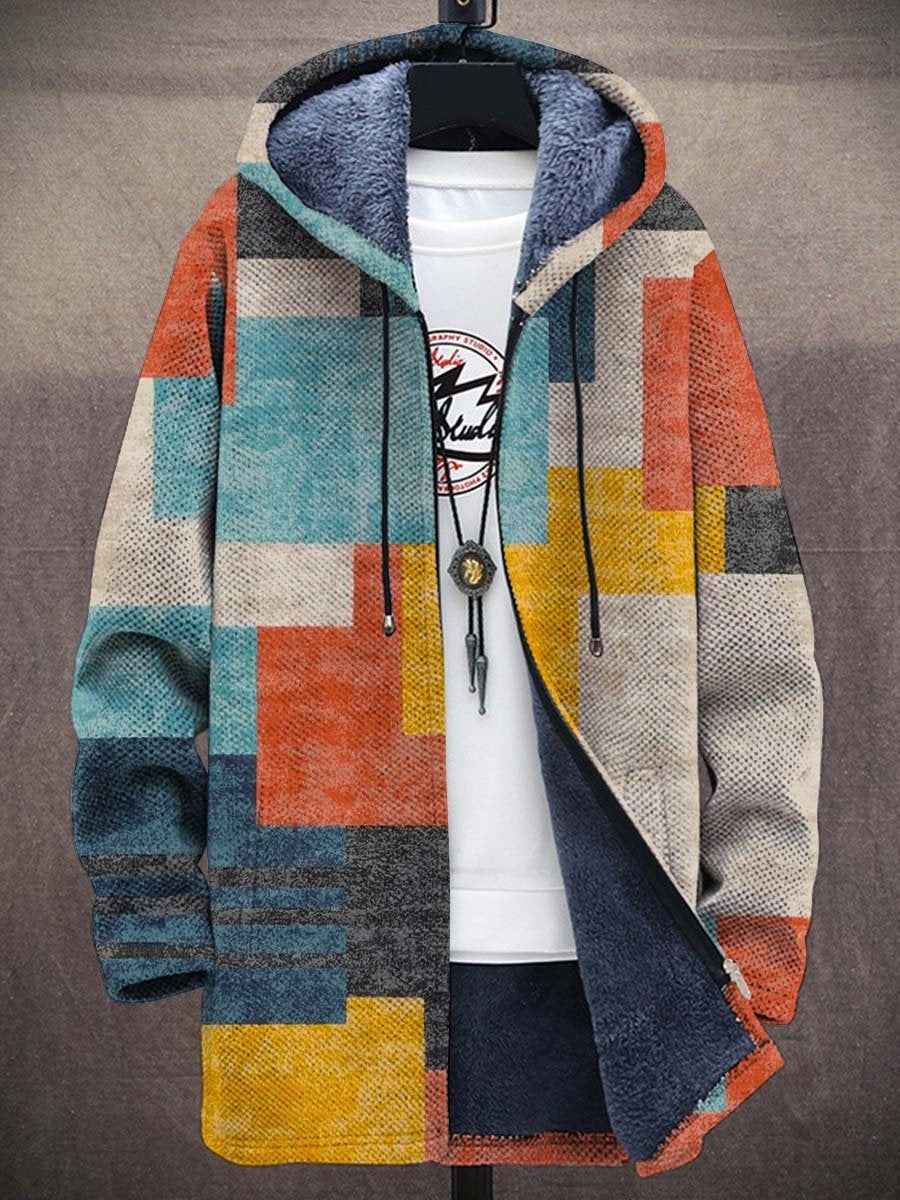 Women's hooded zip jacket with colourful abstract printed design and long sleeves