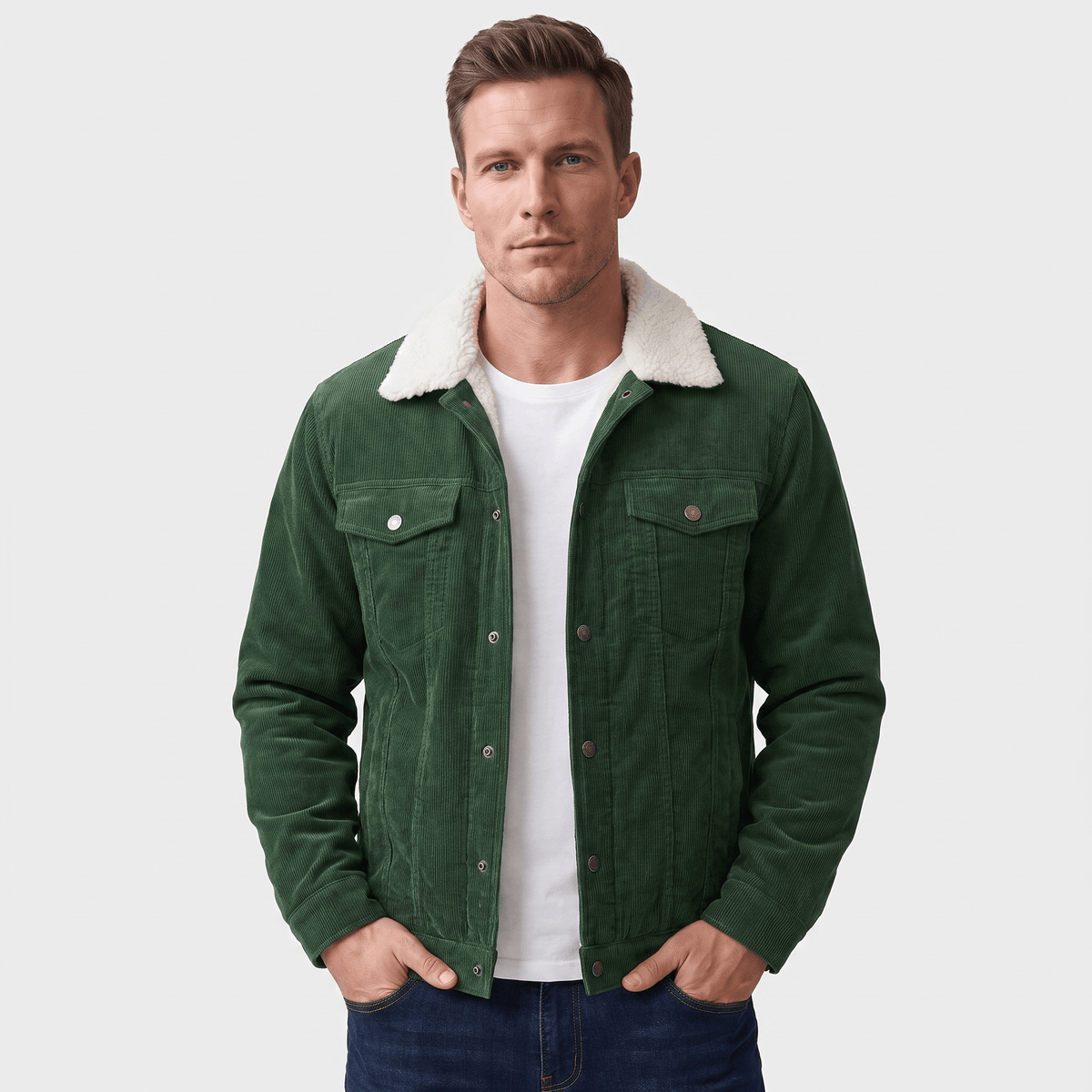 Men's corduroy jacket with sherpa collar, button front and chest pockets