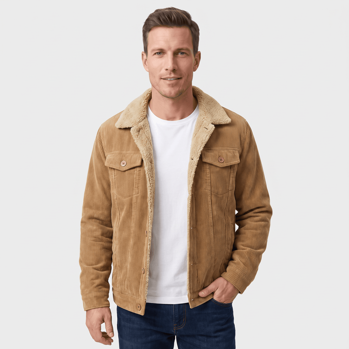 Men's corduroy jacket with sherpa collar, button front and chest pockets