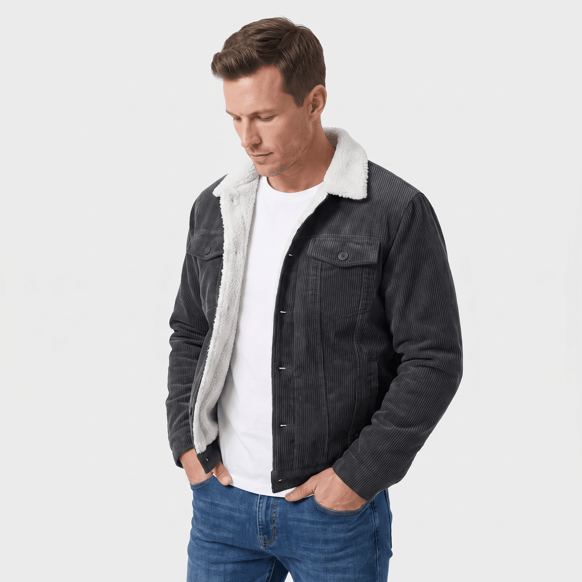 Men's corduroy jacket with sherpa collar, button front and chest pockets