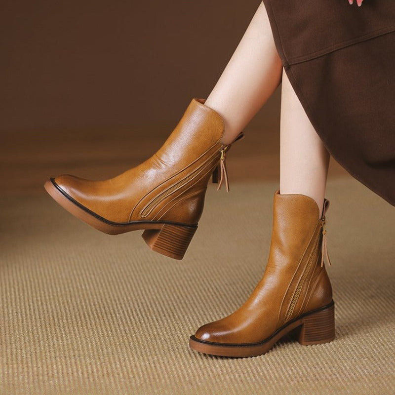 Women's ankle boots with side zips, almond toes and mid block heels