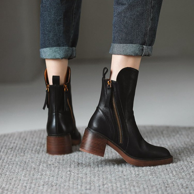 Women's ankle boots with side zips, almond toes and mid block heels