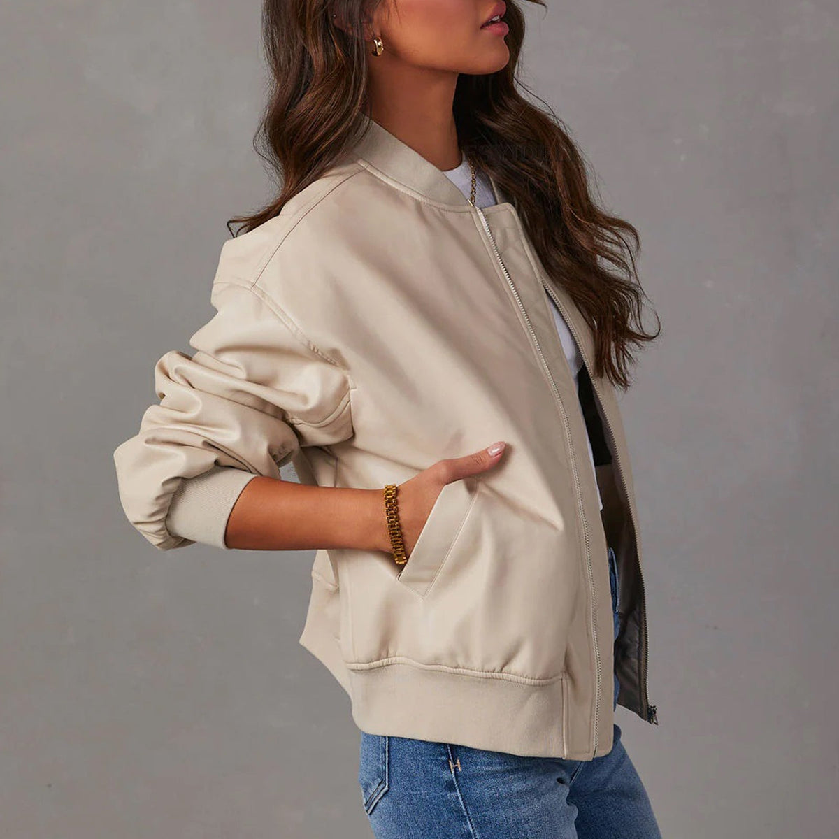 Women's bomber jacket with mock neck, zip front, ribbed trims and front pockets